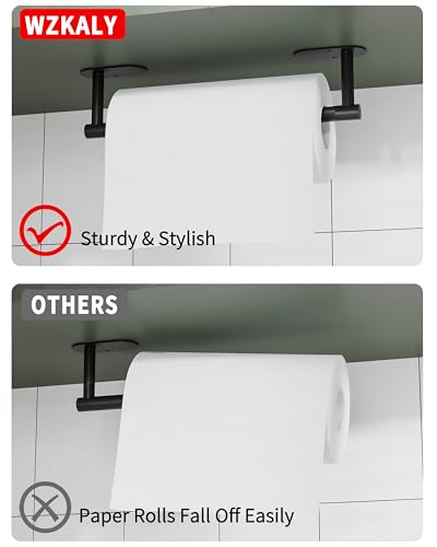 Black Paper Towel Holder Under Cabinet with 2 Hooks Self Adhesive (Matte Black / Holder with 2 Hooks)