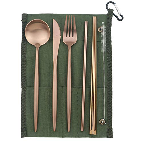 Portable 6 Pieces Flatware Set (Green Pouch / Rose Gold)