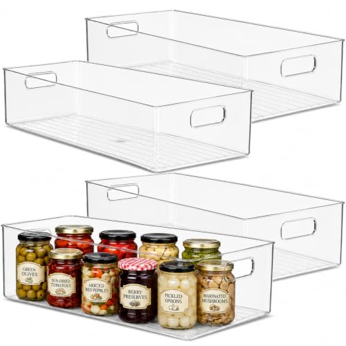 Plastic Food Storage 4 Pack Clear Container Bin with Handles for Organizing Kitchen (20x8x5)