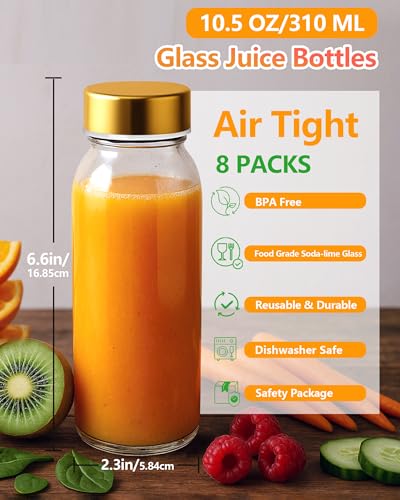 10 oz Glass Juice Bottles with Stainless Steel Gold Lid Leak Proof
