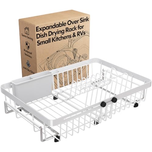 White Expandable Dish Drying Rack Over The Sink with Anti Slip Grip (White / For 13-30" W Sink)