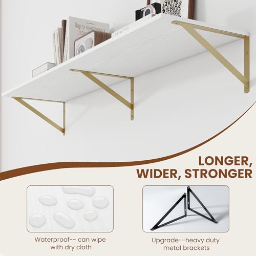 48W x 12D Deep Floating Shelves Set of 2 White & Gold (White With Golden Bracket / 48Wx12Dx5.8H)