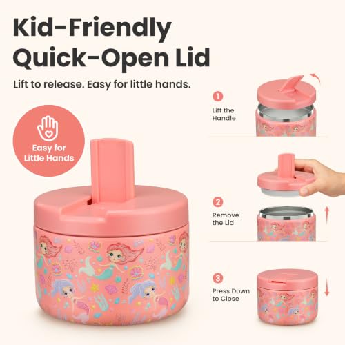12oz Insulated Vacuum Food Jar with Buckle Lid Wide Mouth Soup Thermo for Hot Food Kids Leakproof Stainless Steel Lunch Container (Pink-Mermaid / 12OZ)