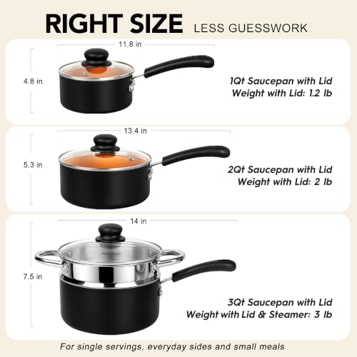 Nonstick Saucepan Set with Lids & Steamer (Silver / 1+2+3QT)