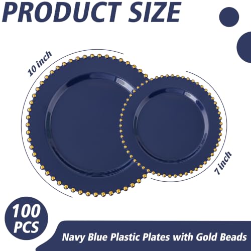 100PCS Navy Blue Plastic Plates with Gold Trim for Party Banquets (Navy Blue and Gold Plastic Plates / 100PCS)