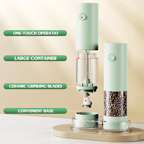 Electric Salt and Pepper Grinder Set Automatic Battery Pepper Mill Shakers Adjustable Coarseness Upgraded Larger Capacity with Led Home and Kitchen Appliances Birthday Gifts for Women Mom (Mint Green)