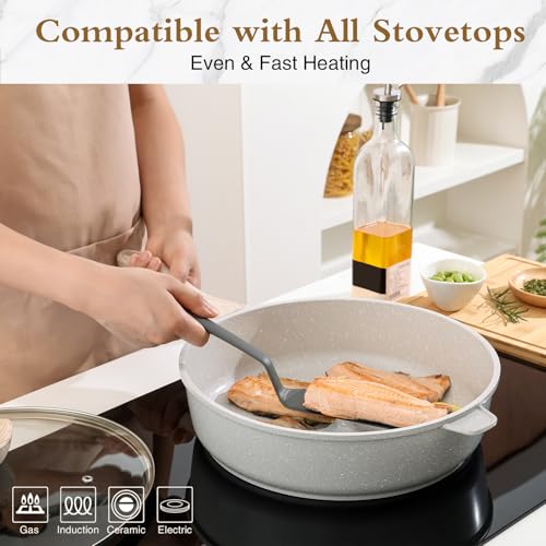 Nonstick Ceramic Deep Frying Pan with Lid (Gray / 12 Inch)