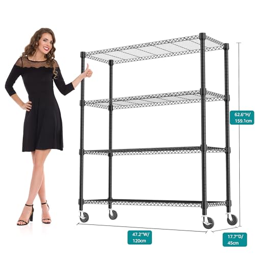 1400LBS 47.2" W 4 Tiers Storage Shelves Metal Shelving Unit with Wheels Heavy Duty Garage Shelving Adjustable Wire Shelves for Pantry (4 Tiers, 17.7"D x 47.2"W x 62.7"H / Black)