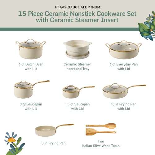 15 Piece Ceramic Nonstick Cookware Set (Almond Cream w/ Gold Handle / 15-Piece Cookware Set)
