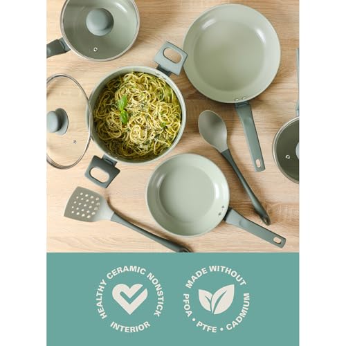 Barnsdall 10 Piece Premium PFA Free Ceramic Nonstick Pots and Pans Aluminum Induction Cookware Set W (8 & 9.5 Inches / Sage Green)