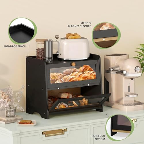 Double Layer Bread Box Container for Kitchen Countertop Homemade Bread (Black / 2 Tier-Large)
