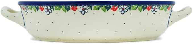 Polmedia Polish Pottery Round Baker with Handles 10-inch - Spring's Arrival Pattern Handmade in Boleslawiec Poland by Ceramika Artystyczna + Certificate of Authenticity