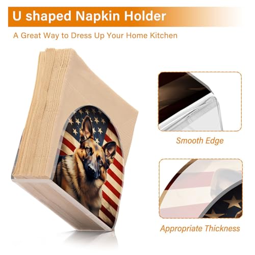 Dog German Shepherd American Flag Napkin Holder for Table Paper Napkins Holder Acrylic Tissue Dispenser Kitchen Dining Room Bathroom Party Car Decor (NH072 / 4.1x4.9x1.97in)