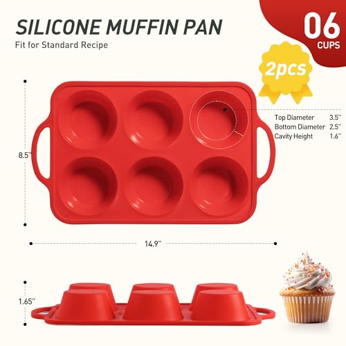 2 Packs 6 Cups Silicone Muffin Pan with Metal Reinforced Frame Jumbo Size Cupcake Pan Tray Egg Bites Cookie Molds Muffin Tin Tart Pans Moldes De Silicona Para Gelatina Hornear Flan Chocoflan (2pc: 6-Cup Jumbo / Red & Blue)