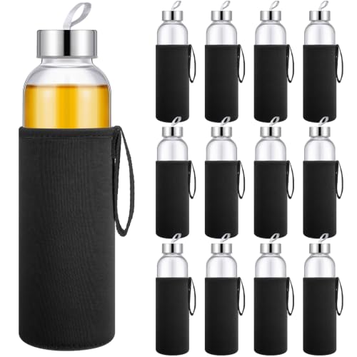 12 Pack Glass Water Bottles with Sleeves (Stylish / Black)