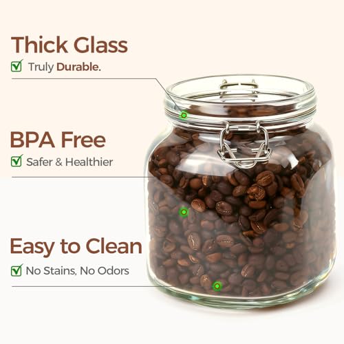 Square Glass Pantry Jars with Airtight Lids 34 oz 3 Pack Coffee (34 fl oz x 3)