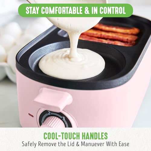 3-in-1 Breakfast Maker Station, Healthy Ceramic Nonstick Dual Griddles for Eggs Meat Sausage Bacon Pancakes and Breakfast Sandwiches, 2 Slice Toast Drawer, Easy-to-use Timer, Pink (Pink / 11" Breakfast Maker / Breakfast Maker)