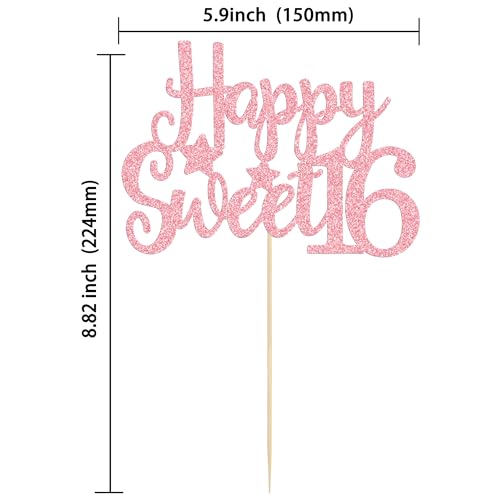 1Pc Pink Glitter Happy Sweet 16 Cake Topper 16th Birthday Cake Topper Sweet 16 Decorations 16th Birthday Decorations