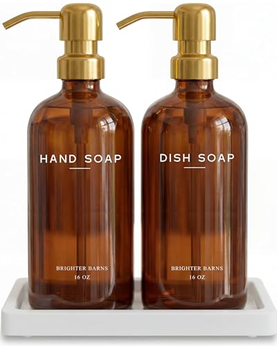 Luxury Glass Hand and Dish Soap Dispenser Set with Tray by Brighter Barns (Amber/Gold Hd)