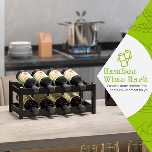 Bamboo Wine Rack Wine Storage Cabinet Shelf 8 Bottle Wine Racks Countertop Sturdy for Kitchen Dining Room Pantry (Black / 2 Tier)