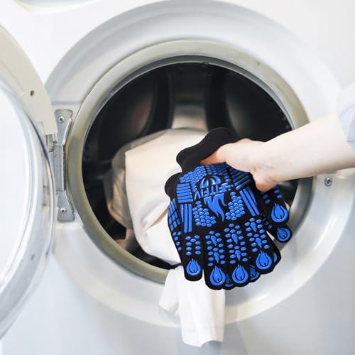 BBQ Gloves 1472°F Heat Resistant with Silicone Grip Oven Mitts (Blue-two / Short (Glove L 11.51" × Palm W 6.33"))