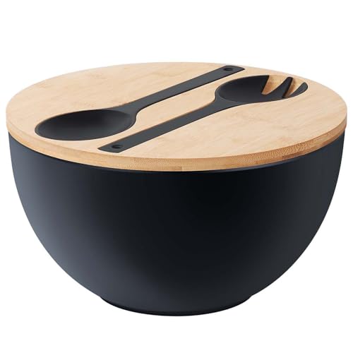 12.6" Extra Large Salad Serving Bowl Set with Wooden Lid&Utensils (12.6 inch / Matte Black)
