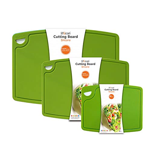 Silicone Thick Cutting Boards Mats Set of 3 Foldable & Flexible Design Juice Grooves Easy Grip Handle Dishwasher Safe for Kitchen (9.1"L x 7.1"W, 12.6"L x 9.1"W & 14.6"L x 10.4"W / Green)
