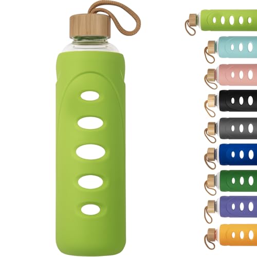 32 oz Narrow Mouth Glass Water Bottle with Windowed Silicone Sleeve (Green)