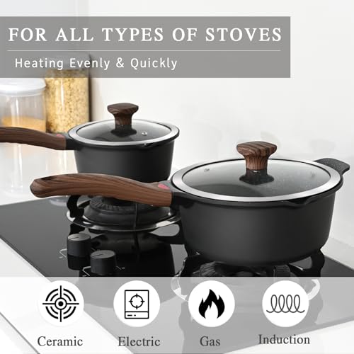 10PCS Sauce Pan Set (Black / 2 Quarts + 3 Quarts + 4 Quarts)