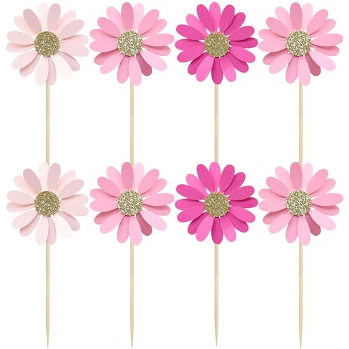 24Pcs Daisy Cupcake Toppers Flower Cake Topper Decorations Daisy Cake Decorations Chrysanthemum Cupcake Toppers Spring Daisy Flower Cake Picks for Birthday Wedding Supplies Rose Red Pink (24 Count)