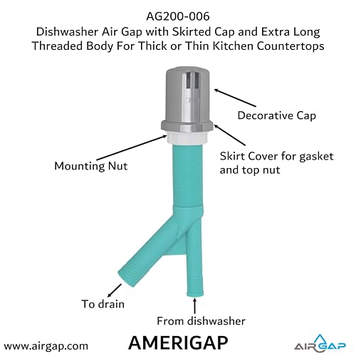 Dishwasher Air Gap with Skirted Cap and Extra Long Threaded Body for Thick or Thin Kitchen Countertops (AG200-006)
