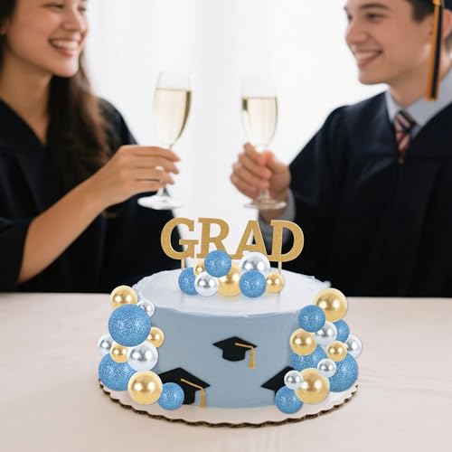 40 Pcs Foam Ball Shaped Cake Toppers with Sticks Mini Cake Decorations for Birthdays (40-blue Gold Silver)