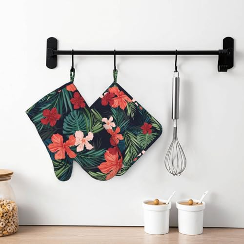 Tropic Hawaiian Hibiscus Flower Oven Mitts Pot Holders Set Silicone Heat Resistant Green Leaves Red Floral Oven Mitts and Hot Pads Potholders Non (Red Green)