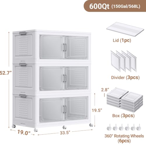 150Gal XL Stackable Storage Bins Foldable Box Cabinet for Home (White / 200QT-3Pack)