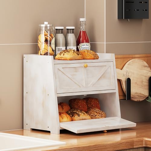 Vintage Double Layer Bread Box for Kitchen Counter Bamboo Bread Storage Container Large Capacity Bread Storage Bin