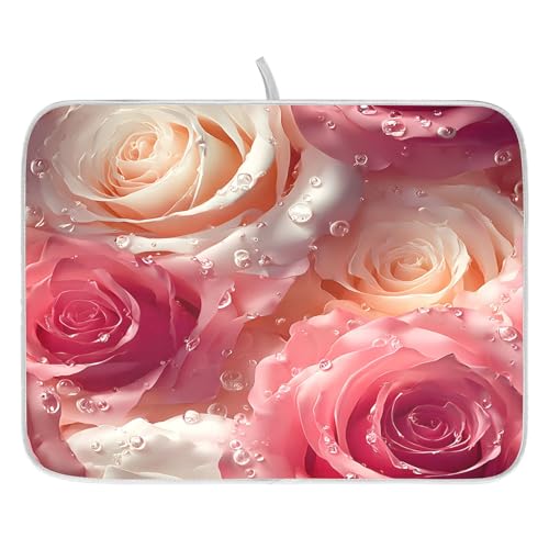 3d Pink White Roses Dish Drying Mat for Kitchen Counter Absorbent Microfiber Large Drying Pad Dish mats for Kitchen Countertops 18 x 24 Inch (Pink White Roses / 24" x 18")