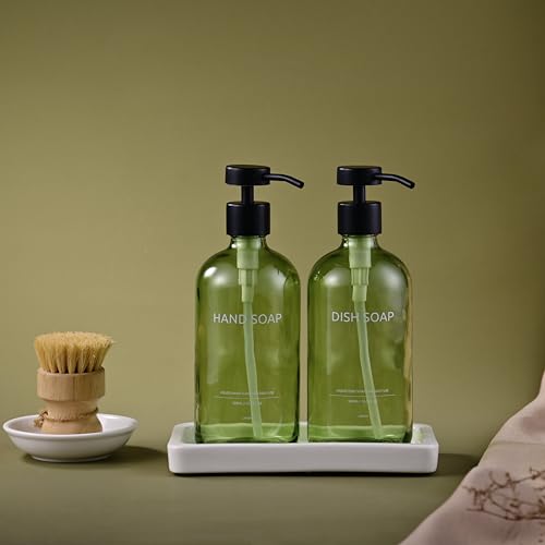 Glass Kitchen Soap Dispenser Set with Ceramic Tray (Green Bottles + Black Pumps)