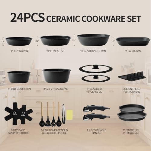 24pcs Ceramic Pots and Pans Set (Black 24 Pcs)