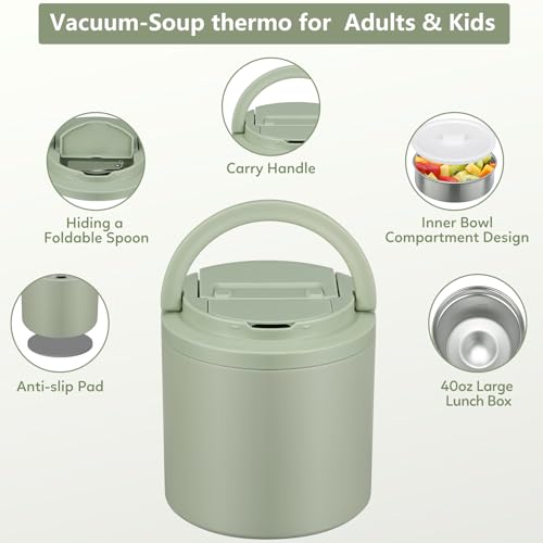 Soup Thermo for Hot Food Adults 40oz Lunch Containers Wide (Green)