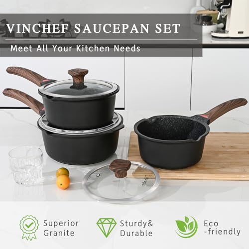 10PCS Sauce Pan Set (Black / 2 Quarts + 3 Quarts + 4 Quarts)