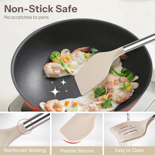 28 Piece Silicone Kitchen Utensils Set with Stainless Steel Handles (Khaki / 28 Piece)