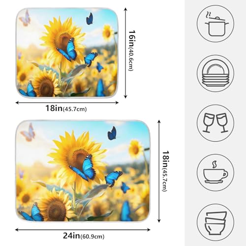 Blooming Sunflowers Blue Butterfly03 Dish Drying Mat for Kitchen Counter Absorbent Microfiber Large Drying Pad Dish Mats for Kitchen Countertops 18 x 24 Inch (24" x 18")