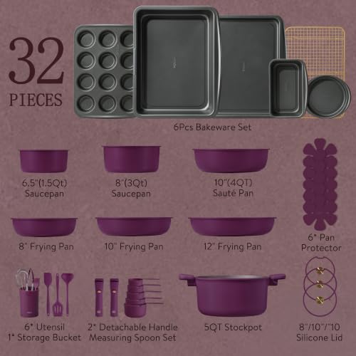 32pcs Pots and Pans Set Non Stick (Gold Ultra Violet / 32 Piece)