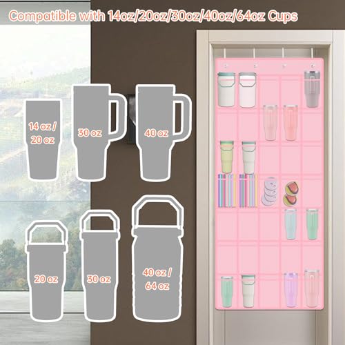 35 Pockets Door Hanging Cup Organizer Fit for Stanley Tumblers (67'' x 27.6'' / Pink)