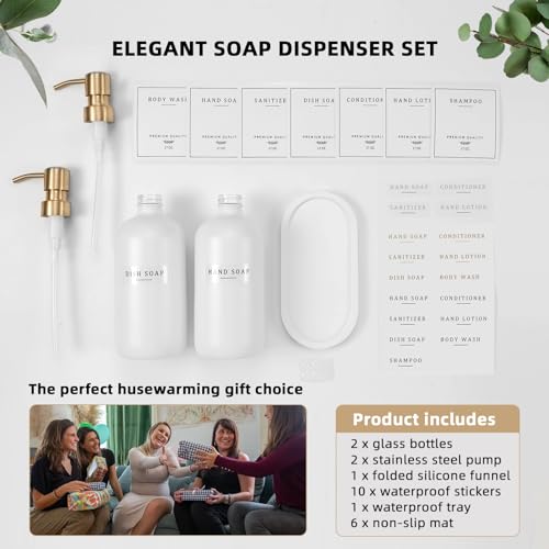 Soap Dispenser Bathroom (White Bottle/Gold Pump N+ Tray + Funnel)