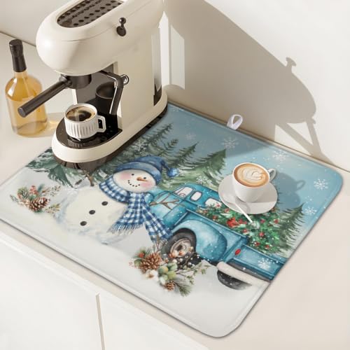 Winter Snowman Blue Dish Drying Mat Xmas Truck Dishes Pad 16"x18" Microfiber Absorbent Drainer Rack Mats Protector for Kitchen Counter Sink (Blue Snowman Truck / 16x18 inch)