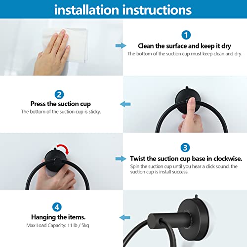 Suction Cup Hand Towel Ring Black Hand Towel Holder for Bathroom Wall SUS 304 Stainless Steel Kitchen Towel Hanger (Matte Black Style#1 / Style #01)