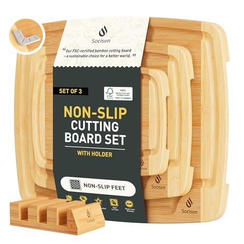 Bamboo Cutting Board Set Non Slip Feet with Holder Over Sink Tablas Para Picar Cocina Tabua Madeira Corte Carne Bambu Alimentos Cortar Madera Juego Regalos Cumpleaños Navidad Mujer Mama Abuela Papa (3 Pack with Holder / Two-Tone Bamboo)
