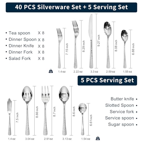 45 Pcs 18 10 Steel Silverware Set with Serving Utensils (45-Piece / Silver)