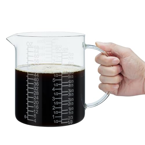 Borosilicate Glass Measuring Cup with Insulated Handle (2000 ML (64 Oz, 8 Cup) - Etched Graduated)
